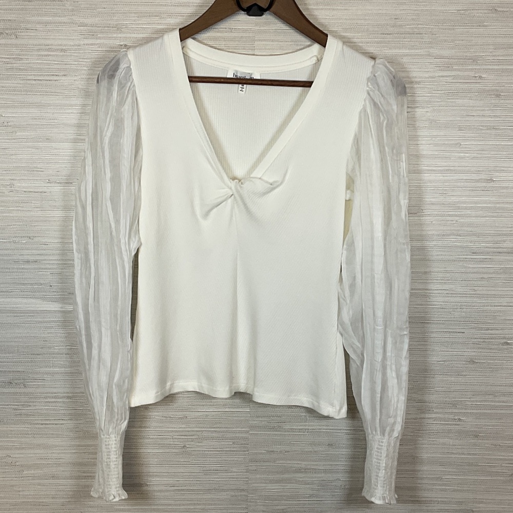 Heartloom Long Sleeve White Rib Knit Twist Front Gauze Sleeve Top Medium V Neck